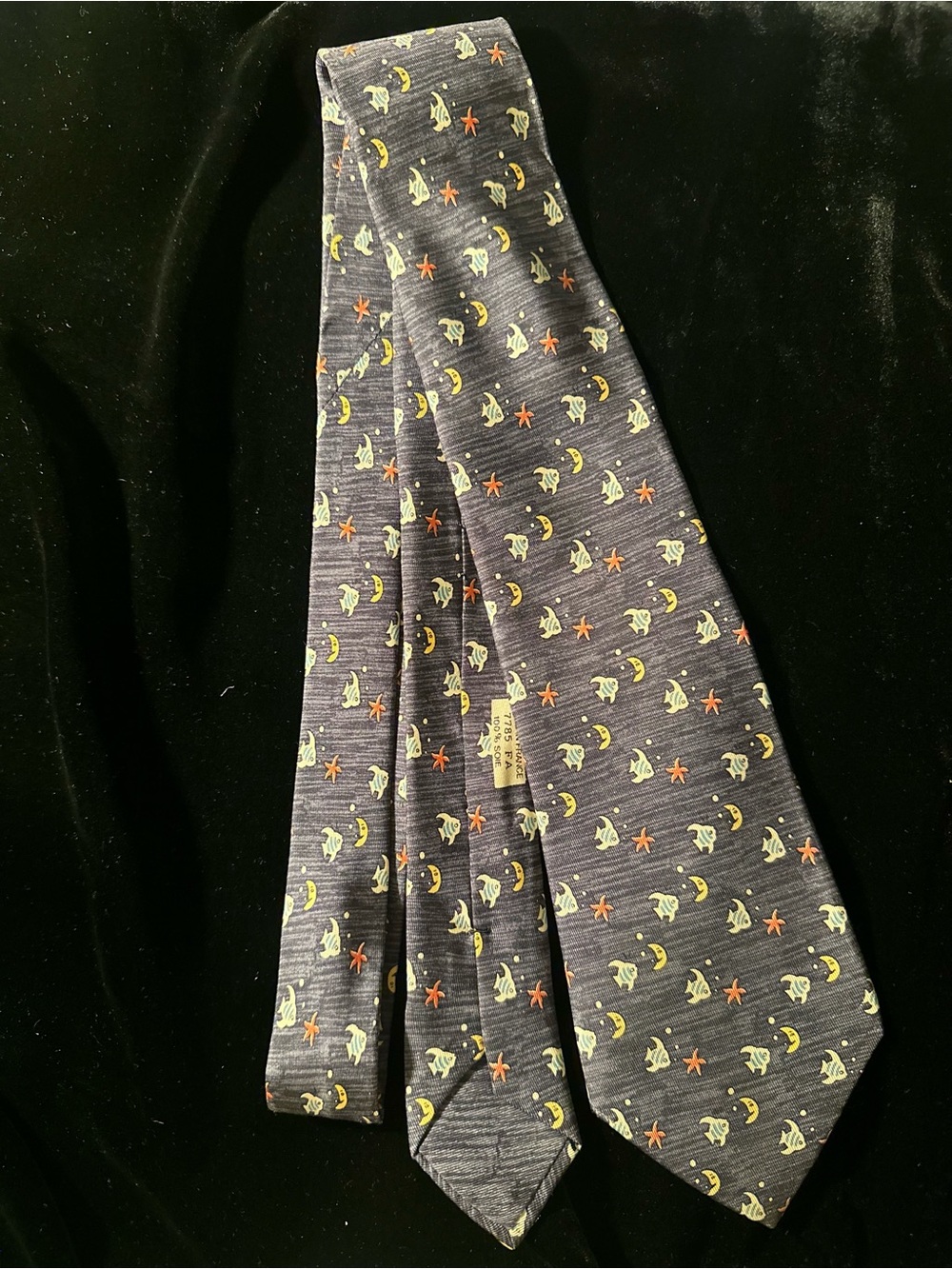 Hermes Navy Silk Tie with Yellow Sailboats & Orange Stars